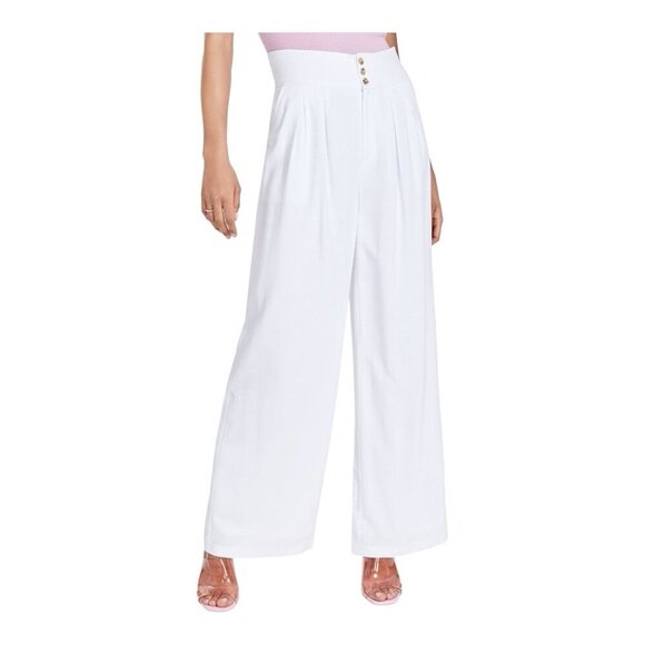 Bar III Button Front Lined Wide Leg White Pants Size 14 High Waist Pockets - Picture 1 of 13
